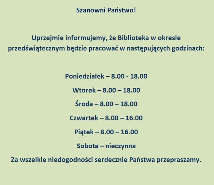 Zmiana godzin pracy w okresie przedświątecznym.