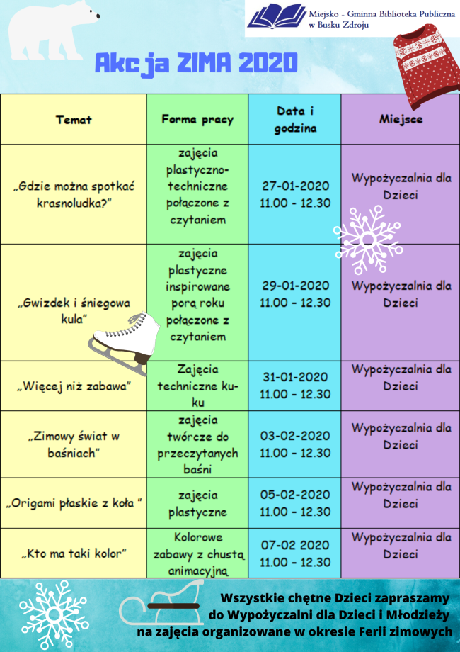 Ferie zimowe 2020 w Miejsko-Gminnej Bibliotece Publicznej w Busku-Zdroju ...