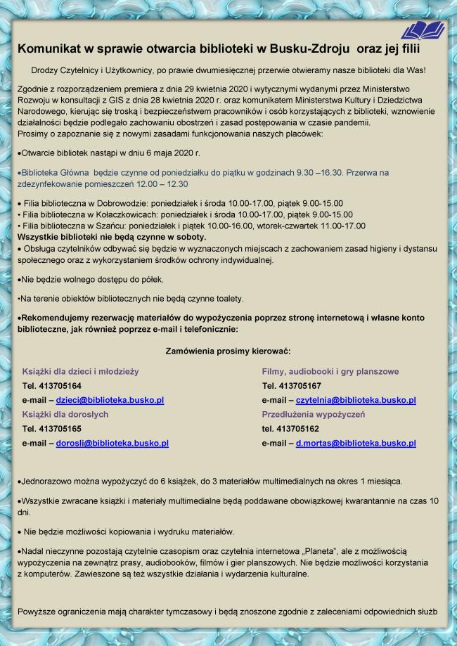 komunikat w sprawie otwarcia biblioteki