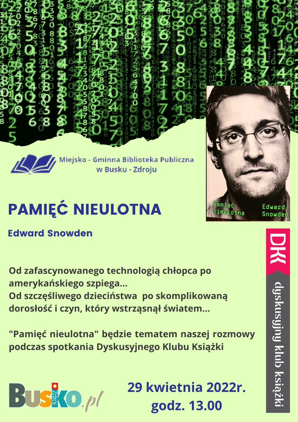 Miejsko - Gminna Biblioteka Publiczna zaprasza na kolejne spotkanie Dyskusyjnego Klubu Książki. 