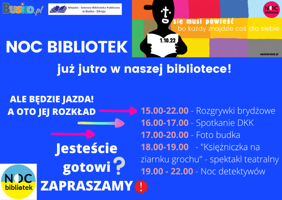 Uwaga!  W dniu 1 października biblioteka będzie czynna w godz. 15.00 – 22.00  Zapraszamy!