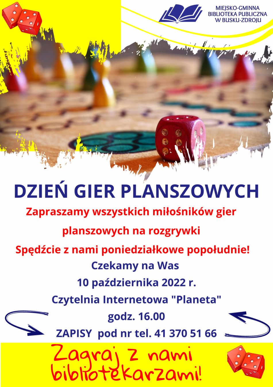 Zapraszamy na rozgrywki gier planszowych 10 października 2022 r. o godz. 16.00. Do zobaczenia!