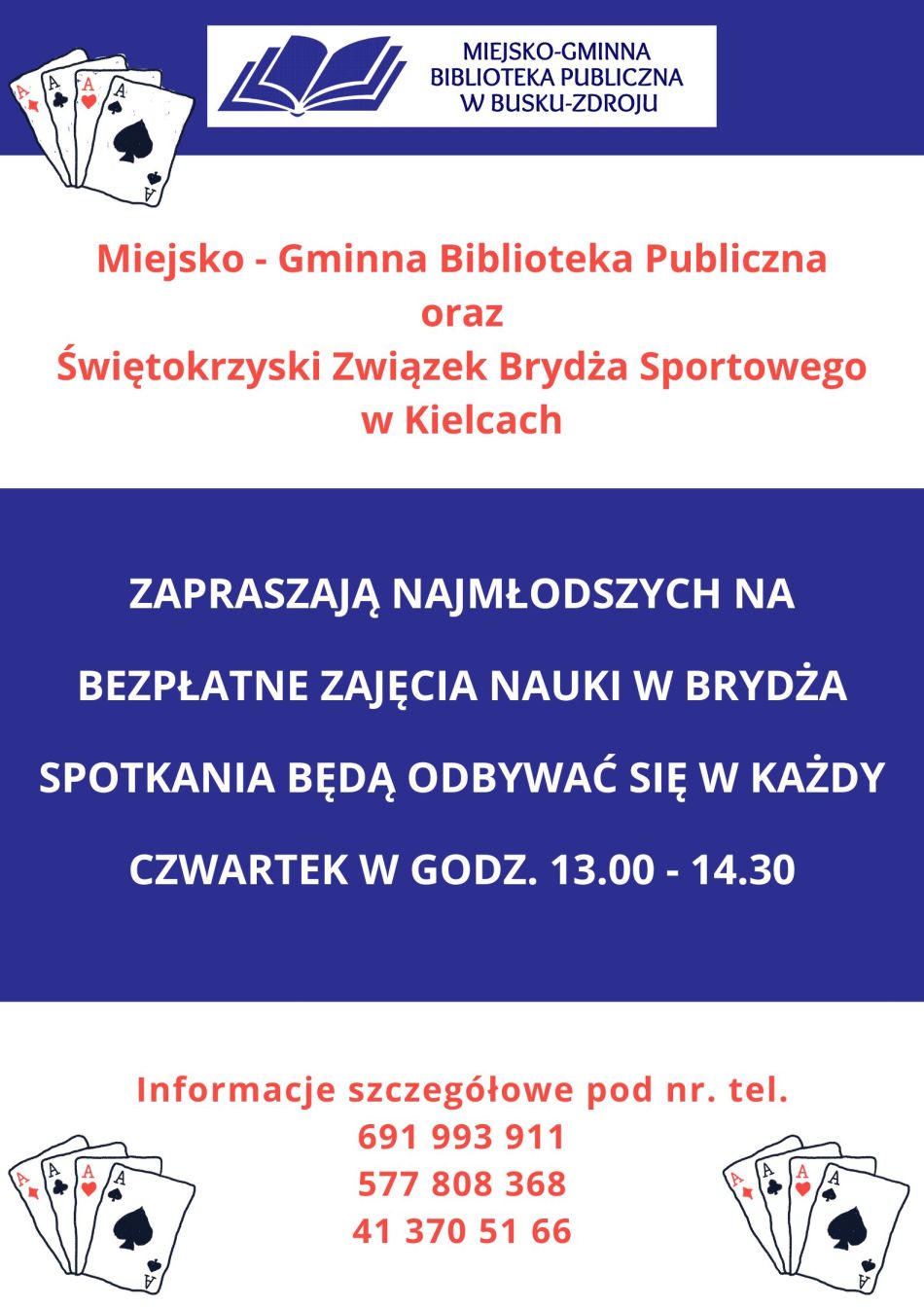 Zapraszamy najmłodszych na bezpłatne zajęcia nauki w brydża