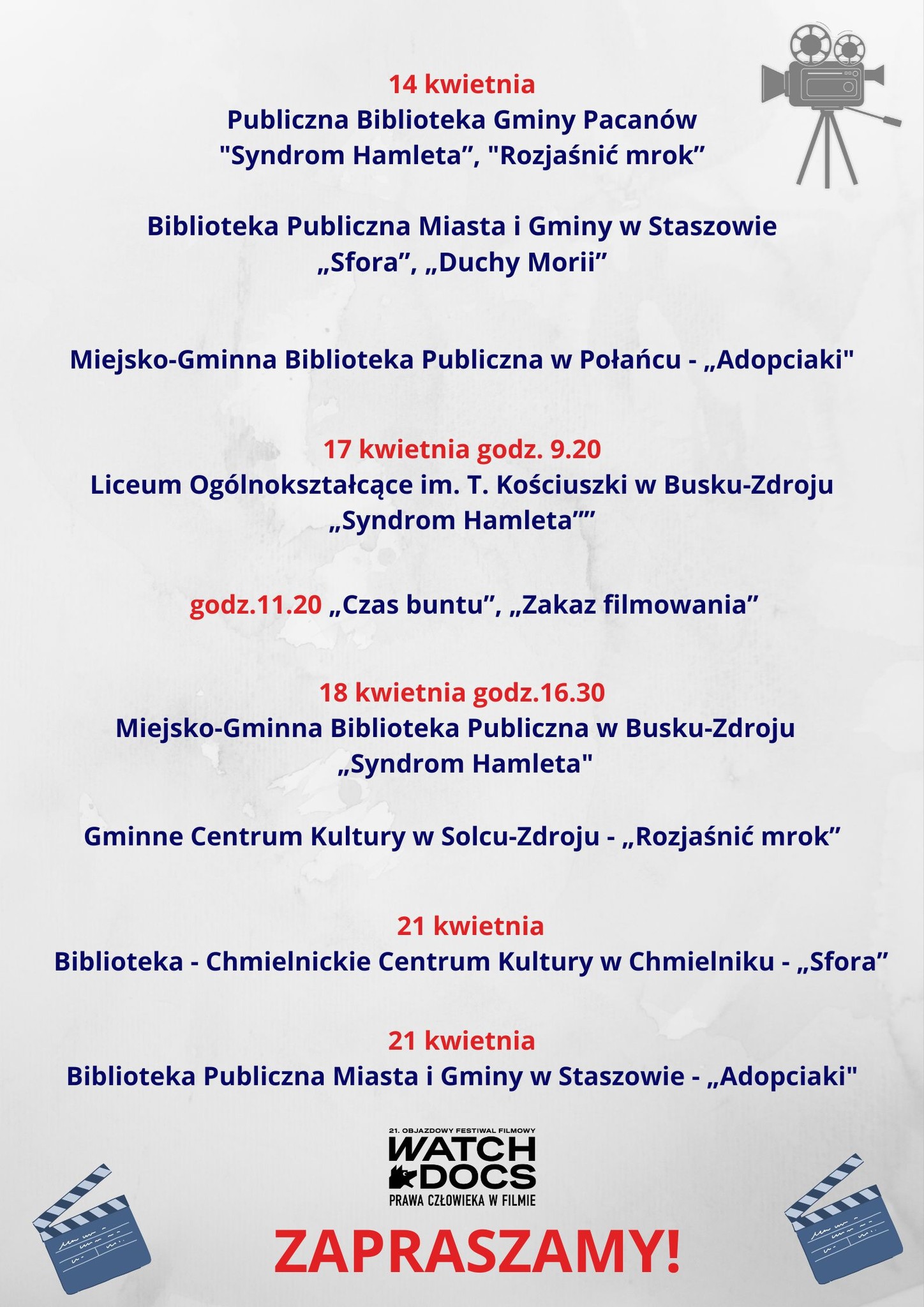 Zapraszamy Państwa na 21 Objazdowy Festiwal Filmowy WATCH DOCS.