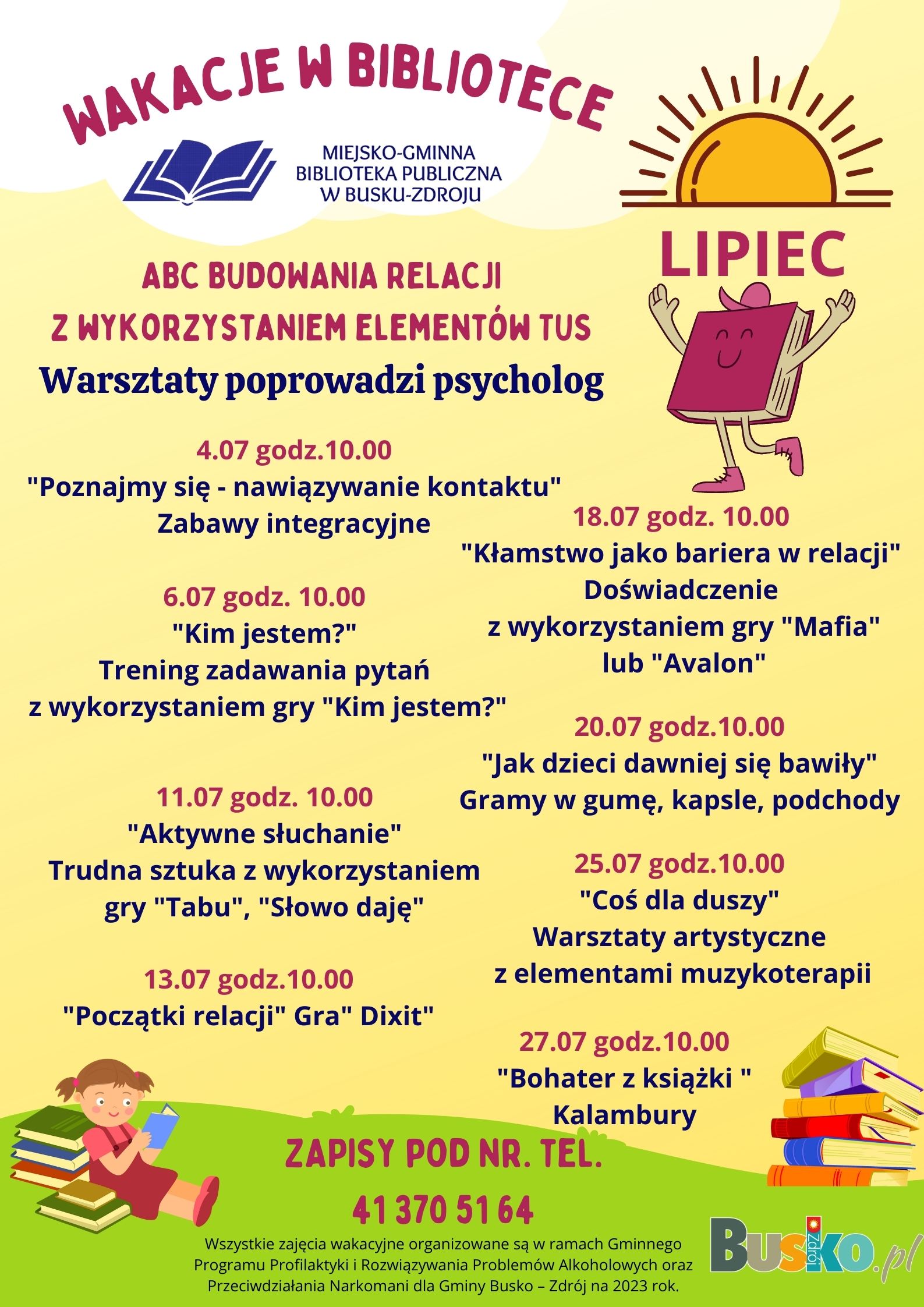 Zapraszamy na wakacje z Miejsko-Gminna Biblioteka Publiczna w Busku-Zdroju - lipiec, sierpień 