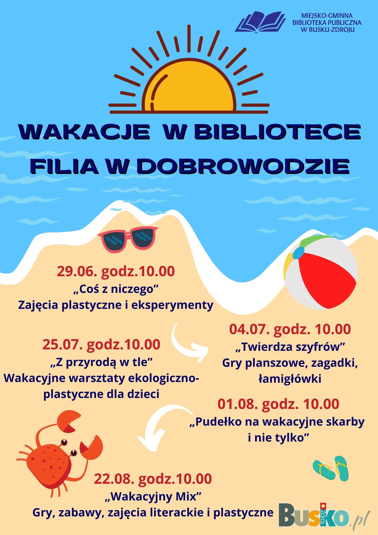 Zapraszamy na wakacje z Miejsko-Gminna Biblioteka Publiczna w Busku-Zdroju - filia Dobrowoda