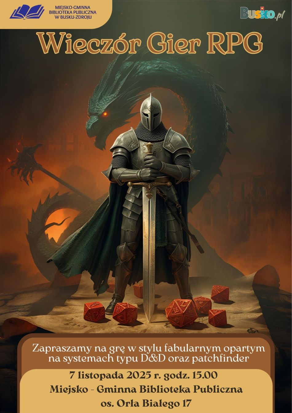 Plakat przedstawiający rycerza z mieczem węża oraz rozsypane u jego stóp kostki do gry oraz napis
