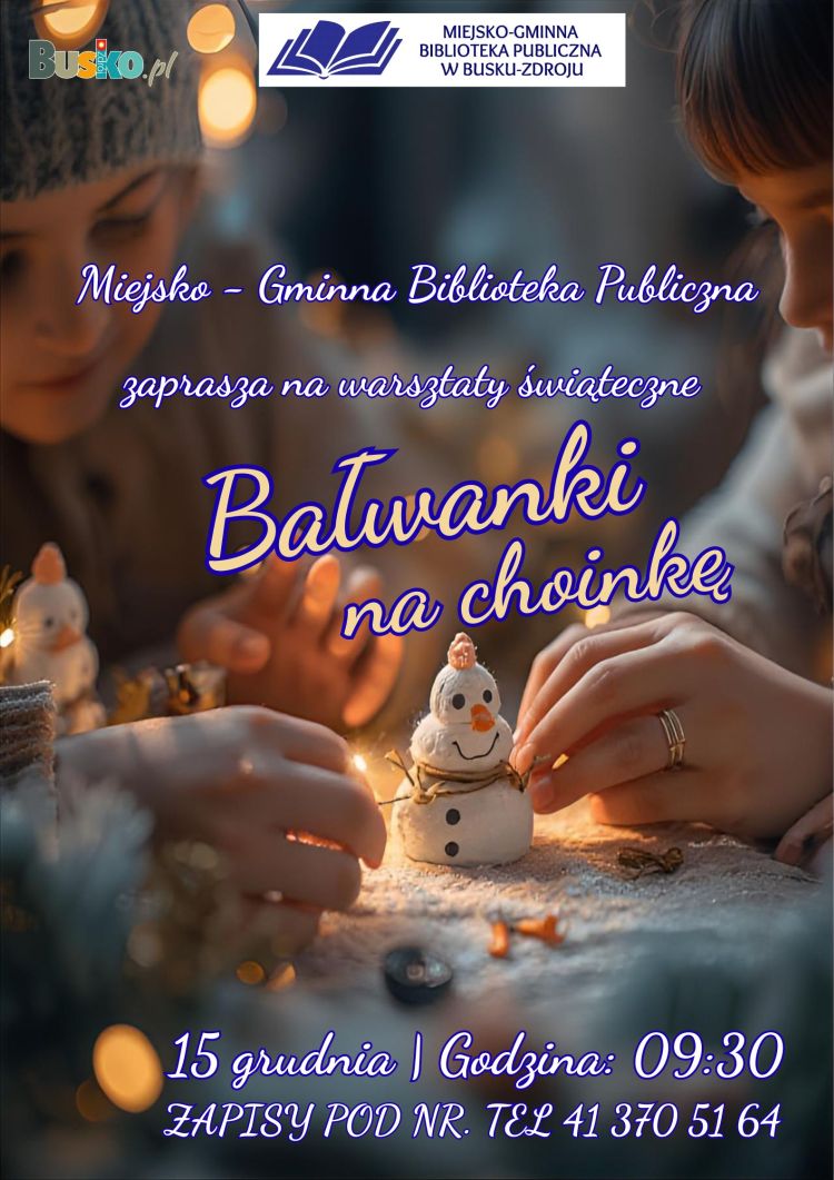 Plakat przedstawiający dwójkę dzieci oglądających bałwanka oraz tekst zaproszenia na warsztaty świąteczne