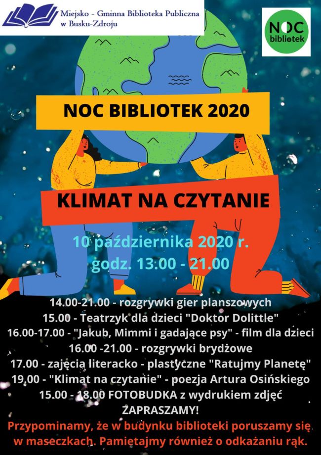 NOC BIBLIOTEK 2020 – „Klimat na czytanie” opis poniżej pod plakatem