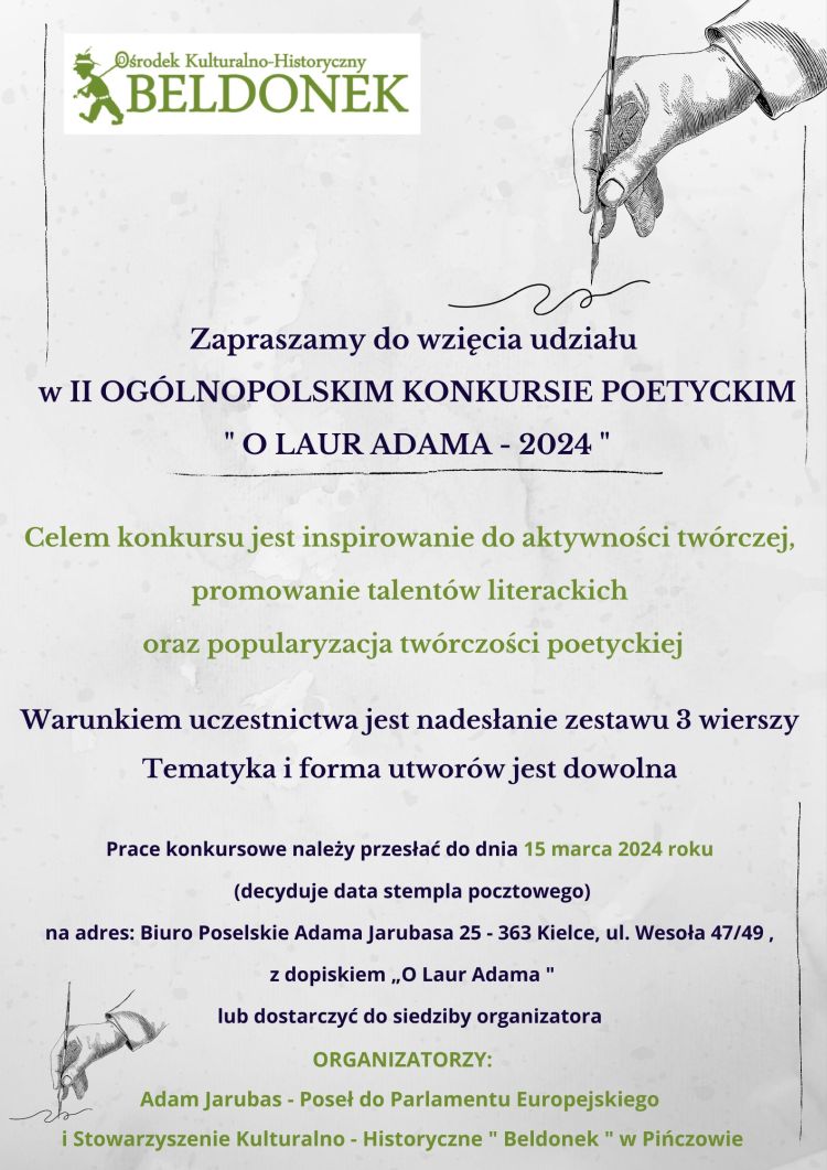 Zachęcamy do wzięcia udziału w II Ogólnopolskim konkursie poetyckim "O Laur Adama - 2024"